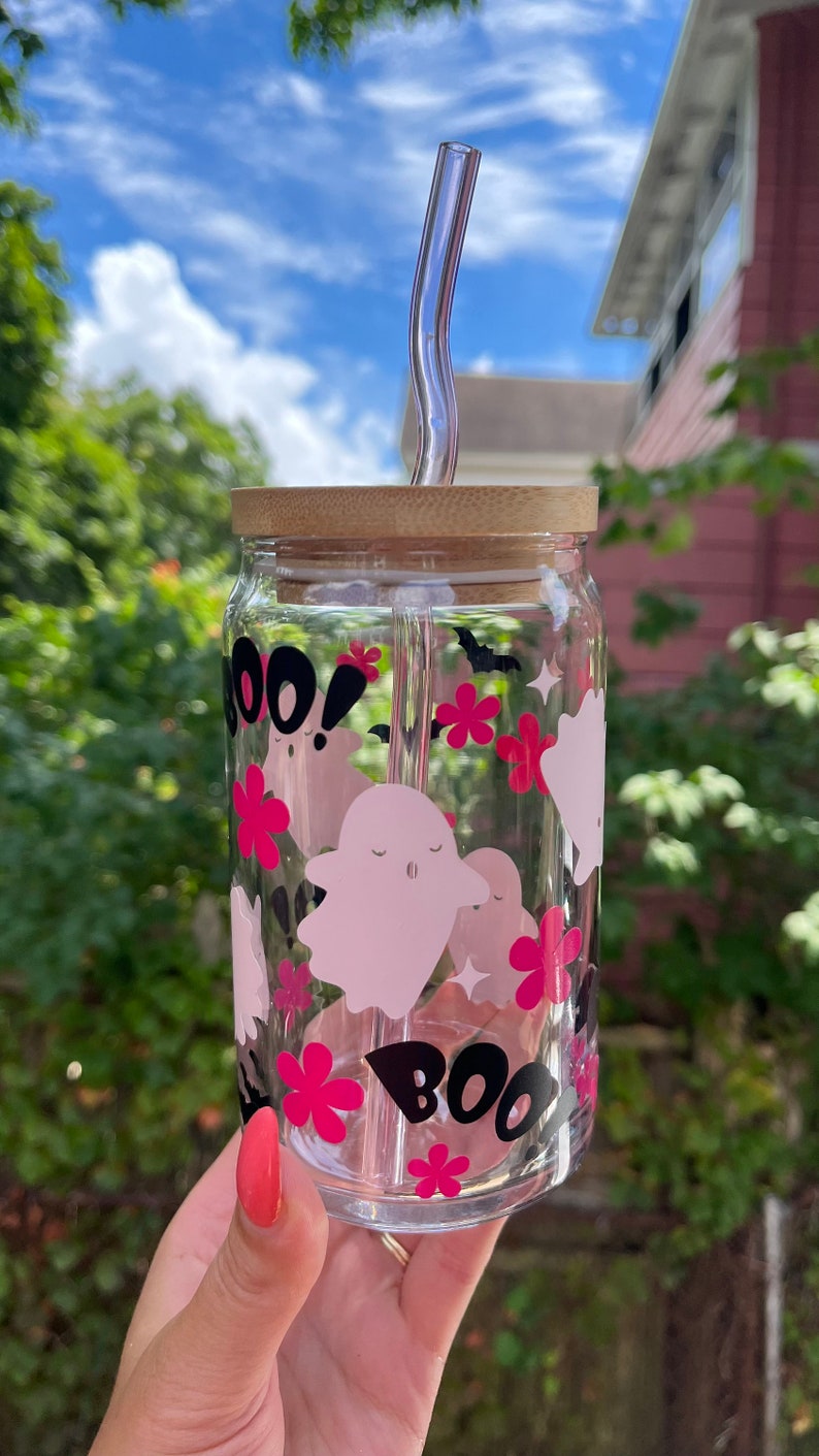 Vaso de cristal de Halloween con fantasma rosa de Boo imagen 4