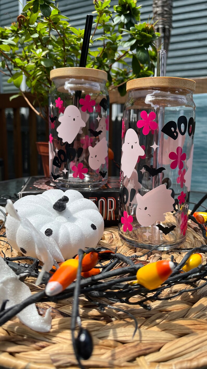 Vaso de cristal de Halloween con fantasma rosa de Boo imagen 7