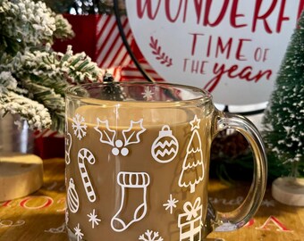 Christmas doodles glass mug