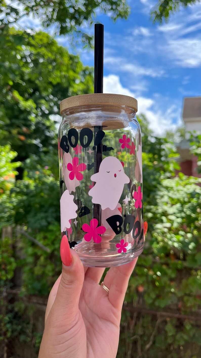 Vaso de cristal de Halloween con fantasma rosa de Boo imagen 2