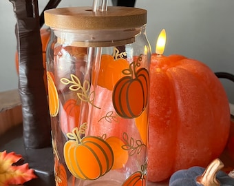 autumn pumpkins glass cup