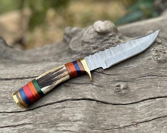 Hand Forged Damascus Steel HUNTING Knife with Stag Horn Handle, Antler Deer Knife for CAMPING, BUSHCRAFT, Best Birthday Gift for Him Husband