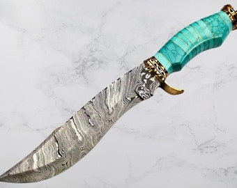 Coltello da caccia a lama fissa in acciaio di Damasco forgiato a mano con fodero, regalo personalizzato per uomo, per lui per compleanno, anniversario