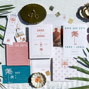 Plantilla digital para invitaciones de boda en la playa / Invitaciones de boda tropicales con tarjeta RSVP y detalles / Plantilla personalizable de Canva