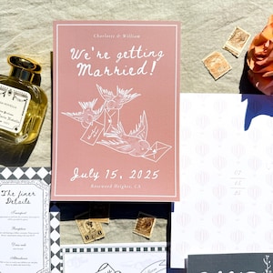 Love Bird Save the Date | 5x7 | Tema de balão de ar quente e pássaro | Modelo editável | Casamento de viagem romântica | Personalizado | Download instantâneo