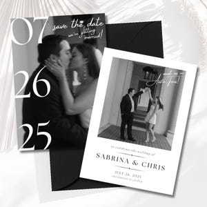 Conjunto de convites de casamento modernos em preto e branco | Modelo editável do Canva | Convite, salve a data, detalhes e cartões de RSVP | Design minimalista