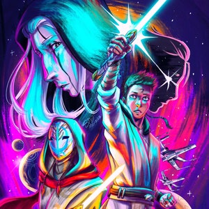 May include: A digital painting of three figures in a space setting. The figures are wearing hooded robes and holding lightsabers. The background is a vibrant mix of purple, pink, and blue colors with stars and planets.