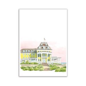 Modello di cancelleria per Ocean House in acquerello del Rhode Island, modello di location per matrimoni in acquerello personalizzato