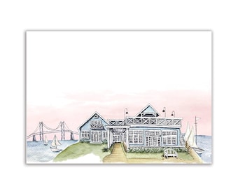 Chesapeake Bay Beach Club Watercolor 5x7 Print, Maryland Coastal Watercolor Custom Wedding Venue