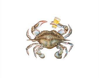 Watercolor Maryland Blue Crab with Beer, Instant Digital Download, Maryland Coastal Wedding Stationary Asset