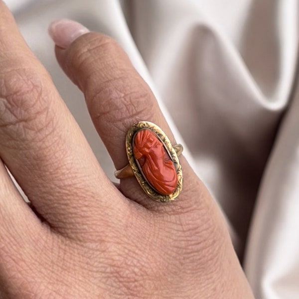 10k Hamilton Rose Gold Antique Victorian Coral Cameo of Woman Ring - Repousse/Chased Bezel
