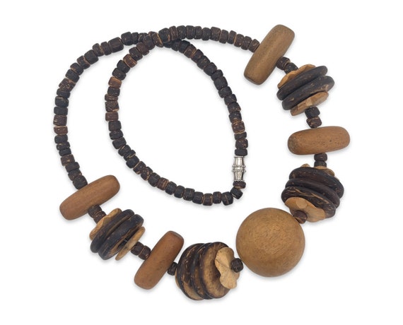 Vintage 1970's Wooden Beaded Necklace - Seventies… - image 1