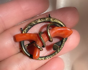 Broche/colgante de rama de coral natural con relleno de oro victoriano antiguo