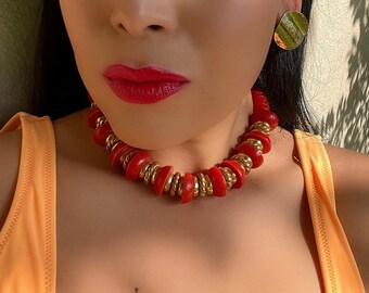 Vintage 1980&#39;s Nautical-Style Red and Gold Beaded Choker Necklace - Costume Jewelry, Retro, Wardrobe Staple, Throwback, Eighties