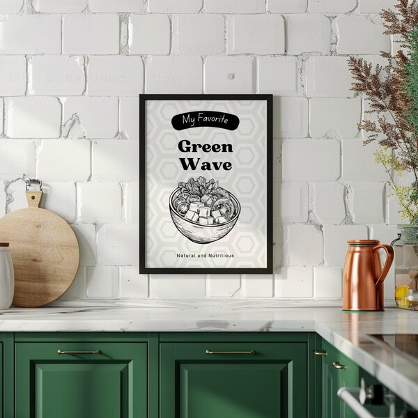 Green Wave Vegan Bowl Wall Art, Kitchen Decor, Modern Black and White Print, Plant-Based Lifestyle Illustration, Health-Inspired Poster