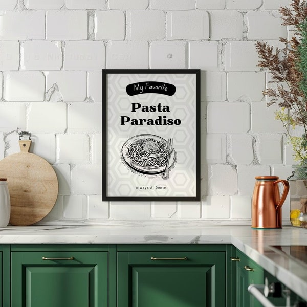 Pasta Wall Art Print, Black and White Kitchen Decor, Italian Food Illustration, Spaghetti Poster, Modern Home Art, Dining Room Decoration