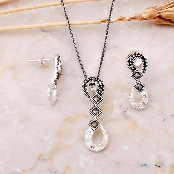 Infinity Marcasite And Zircon Stone Necklace-Earring Silver Set, Wife Gift, Mothers Day, Perfect Silver Set