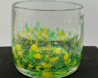 Fused Art Glass Candle Holder Vase Hand Blown Green And Yellow Clear Pontil