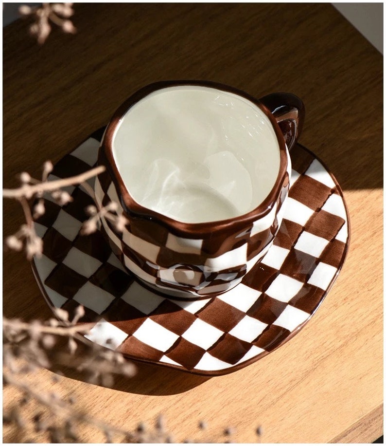 Vintage Hand Painted Ceramic Checkered Coffee Mug and Saucer Etsy