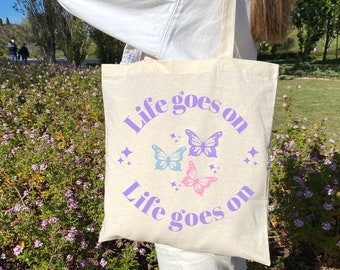 Life goes on tote bag, bts merch, bts tote bag, bts tote bag aesthetic, aesthetic tote bag, butterfly tote bag, cute tote, kpop tote bag