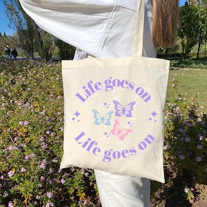 Life goes on tote bag, bts merch, bts tote bag, bts tote bag aesthetic, aesthetic tote bag, butterfly tote bag, cute tote, kpop tote bag image 1