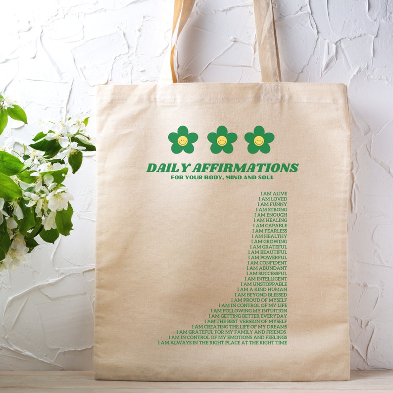 Daily Affirmations Tote Bag, Aesthetic Tote bag, Trendy tote bag, Book Tote Bag, Hand Bag Laptop Bag, Flower tote bag, Canvas tote bag image 3