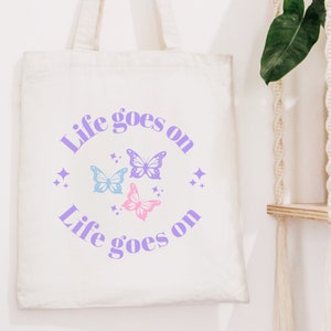 Life goes on tote bag, bts merch, bts tote bag, bts tote bag aesthetic, aesthetic tote bag, butterfly tote bag, cute tote, kpop tote bag image 5