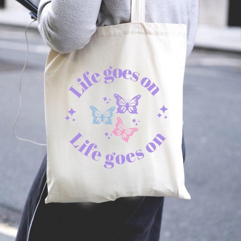 Life goes on tote bag, bts merch, bts tote bag, bts tote bag aesthetic, aesthetic tote bag, butterfly tote bag, cute tote, kpop tote bag image 3