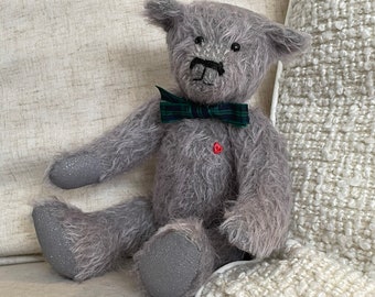 Henry Heart, OOAK Handmade Traditional Vintage Grey Mohair Teddy Bear by Beanie Bears & Co, Made in England