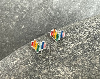 Pride Rainbow Heart - 925 Sterling Silver Colourful Stud Earrings