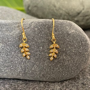 Olive Leaf Drop Earrings 925 Sterling Silver with Cubic Zirconia CZ GOLD image 1