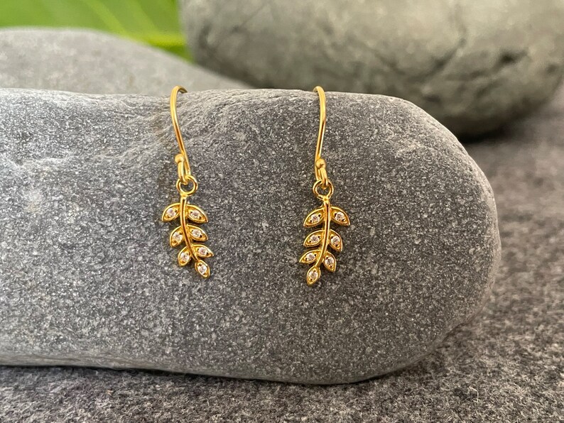 Olive Leaf Drop Earrings 925 Sterling Silver with Cubic Zirconia CZ GOLD image 1