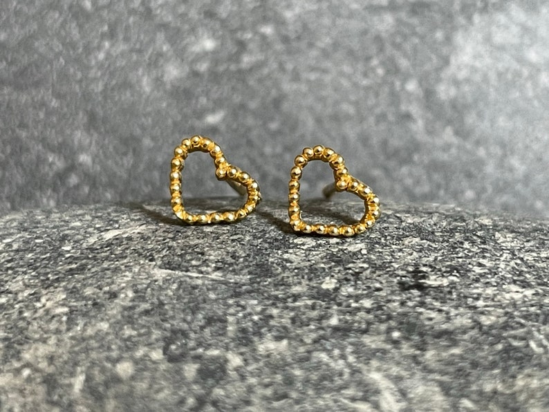 Beaded Heart Gold 925 Sterling Silver Plain Stud Earrings Boxed image 1