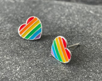 Pride Rainbow Heart - 925 Sterling Silver Colourful Stud Earrings
