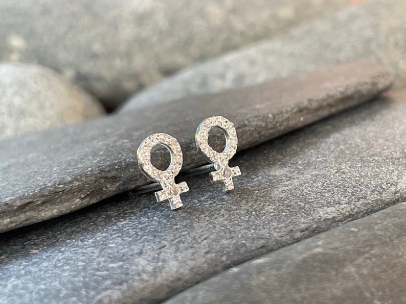 Female Symbol 925 Sterling Silver Cubic Zirconia CZ Stud Earrings. Venus image 1