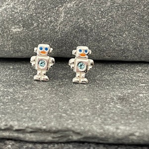 Robot 925 Sterling Silver Colourful Cubic Zirconia CZ Crystal Stud Earrings, Robot Jewellery, Robot Gift image 1
