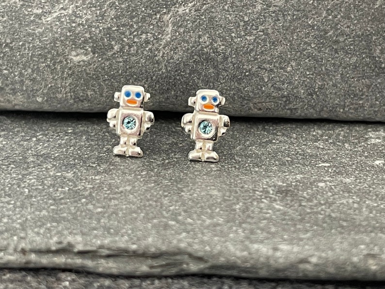 Robot 925 Sterling Silver Colourful Cubic Zirconia CZ Crystal Stud Earrings, Robot Jewellery, Robot Gift image 1