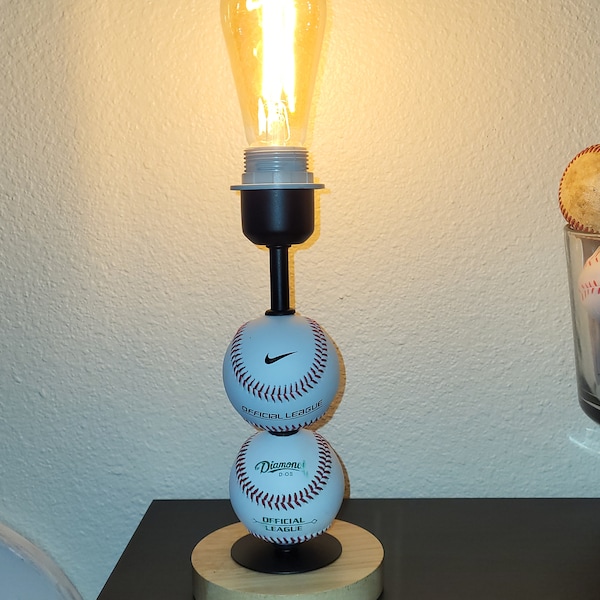 Baseball table top lamp - Two balls and round wood base