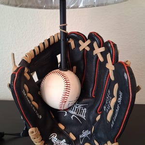 Rawlings Youth Blue Leather Baseball glove and baseball table top lamp