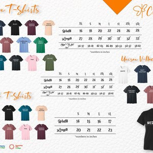May include: A color chart for unisex t-shirts, unisex v-neck t-shirts, and youth t-shirts by Creativille. The image displays various shirt colors and three sizing tables with width, length, and chest-to-fit measurements in inches for each style.
