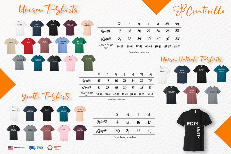 May include: A color chart for unisex t-shirts, unisex v-neck t-shirts, and youth t-shirts by Creativille. The image displays various shirt colors and three sizing tables with width, length, and chest-to-fit measurements in inches for each style.