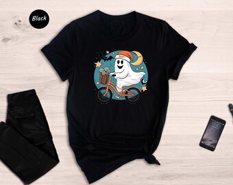 Retro Ghost Bike Halloween Shirt, Cute Boo Ghost Riding Bicycle Tee, Funny Spooky Season Sweatshirt Gift