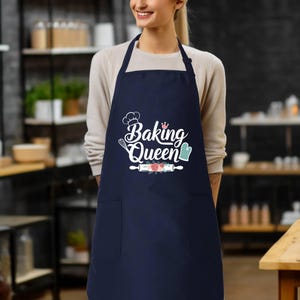 a woman wearing an apron that says baking queen