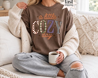 Comfort Colors® Fall Graphic Tee, Cozy Day Shirt, Retro Plaid Lettering, Brown Autumn T Shirt for Women