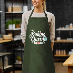 a woman wearing an apron that says baking queen