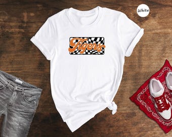 Retro Tigers Shirt, Checkered Groovy Tigers Mascot Tee, Game Day School Spirit T-Shirt, Tigers Mom Football Fan Gift