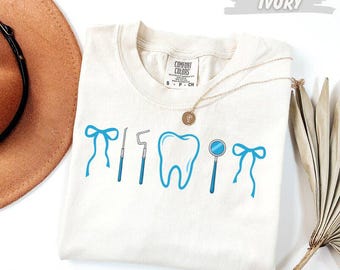 Comfort Colors®  Dental T-Shirt with Coquette Bows Dentist Gift Tooth Tools Tee Dental Hygienist Shirt Blue Bow