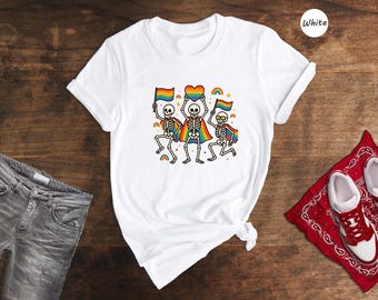 T-shirt « Squelettes dansants » pour la fierté LGBTQ+, T-shirt graphique arc-en-ciel, Cadeau humoristique pour le mois des fiertés, T-shirt « Allié des squelettes »