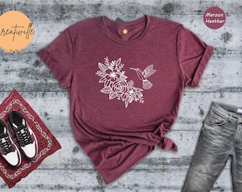 Aesthetic Hummingbird T-Shirt, Beautiful Natural Life Shirt, Floral Hummingbird Tee, Bird Lover T-Shirt