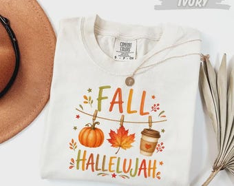 Comfort Colors® Fall Hallelujah Christian T-Shirt with Pumpkin and Leaf Art